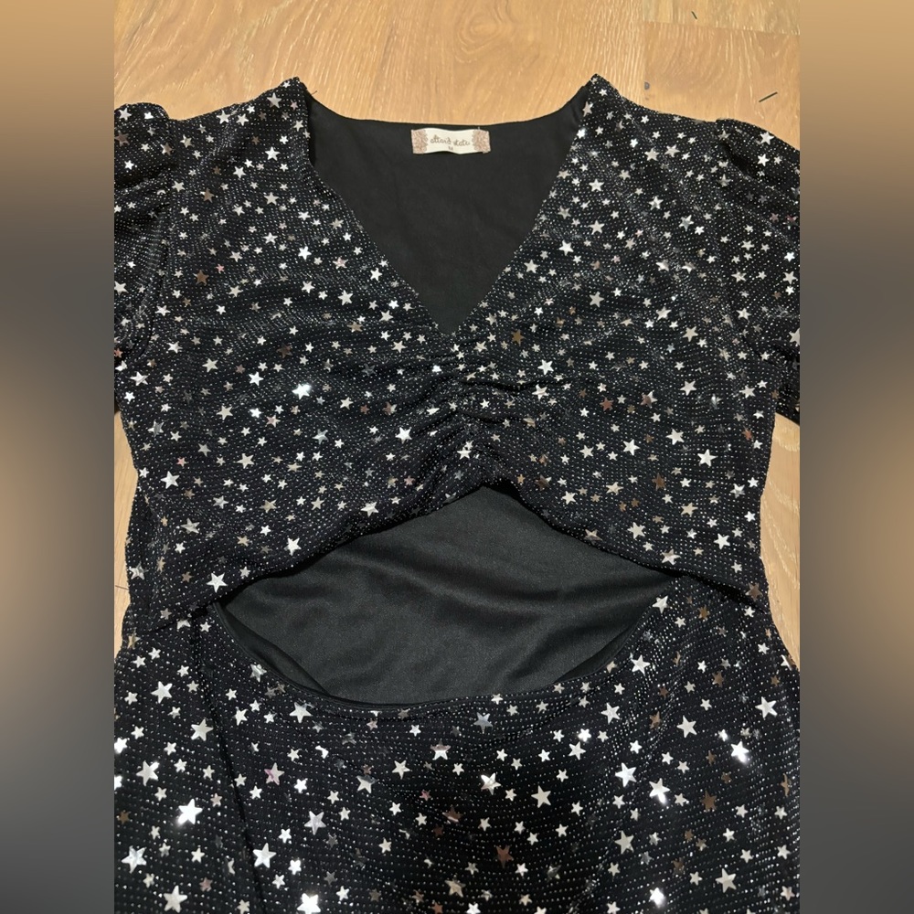 Altar’d State puff sleeve star sequin silver cut out black sparkly slinky dress - Picture 2 of 8